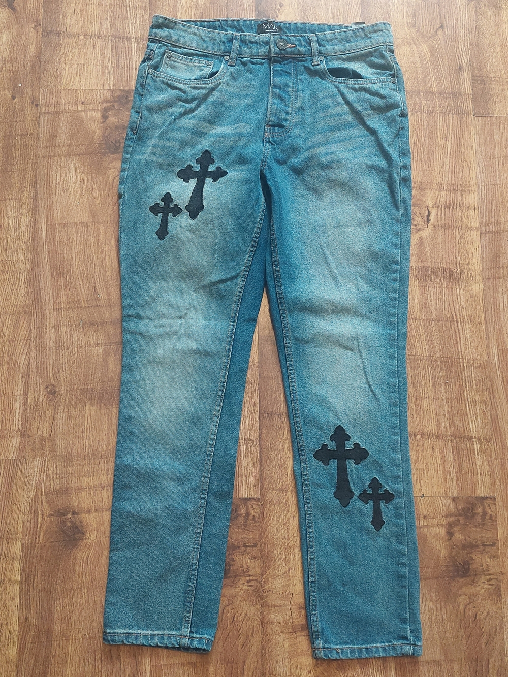 Boohoo Blue Denim Jeans with Black Label Detail Goth